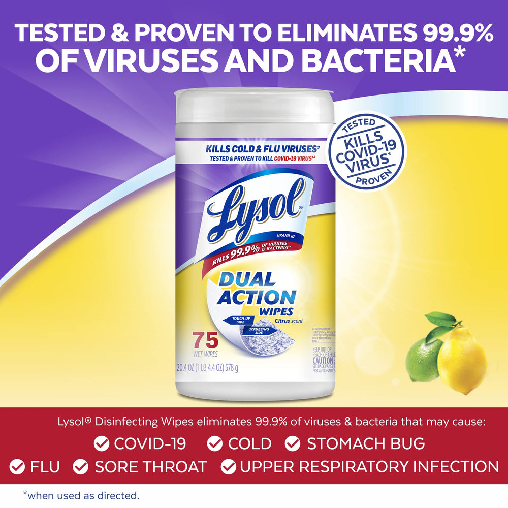 Lysol Dual Action Wipes on kitchen counter showing fast disinfecting benefits.