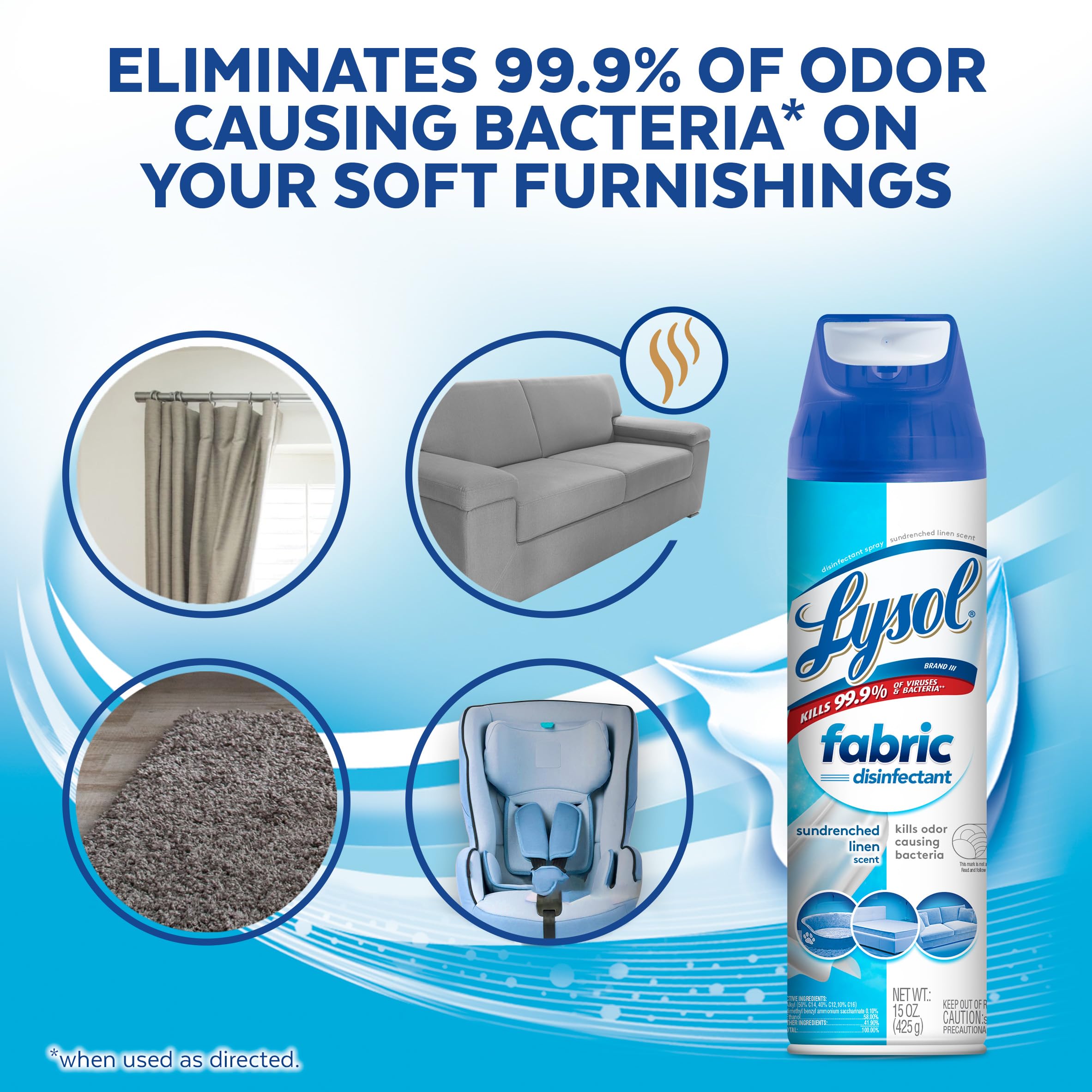 Pet beds being treated with Lysol Fabric Disinfectant Spray to neutralize odors.