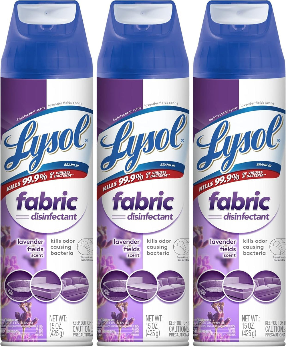 Lysol Fabric Disinfectant Spray lavender-fields-bottle delivers a fresh scent on fabrics.