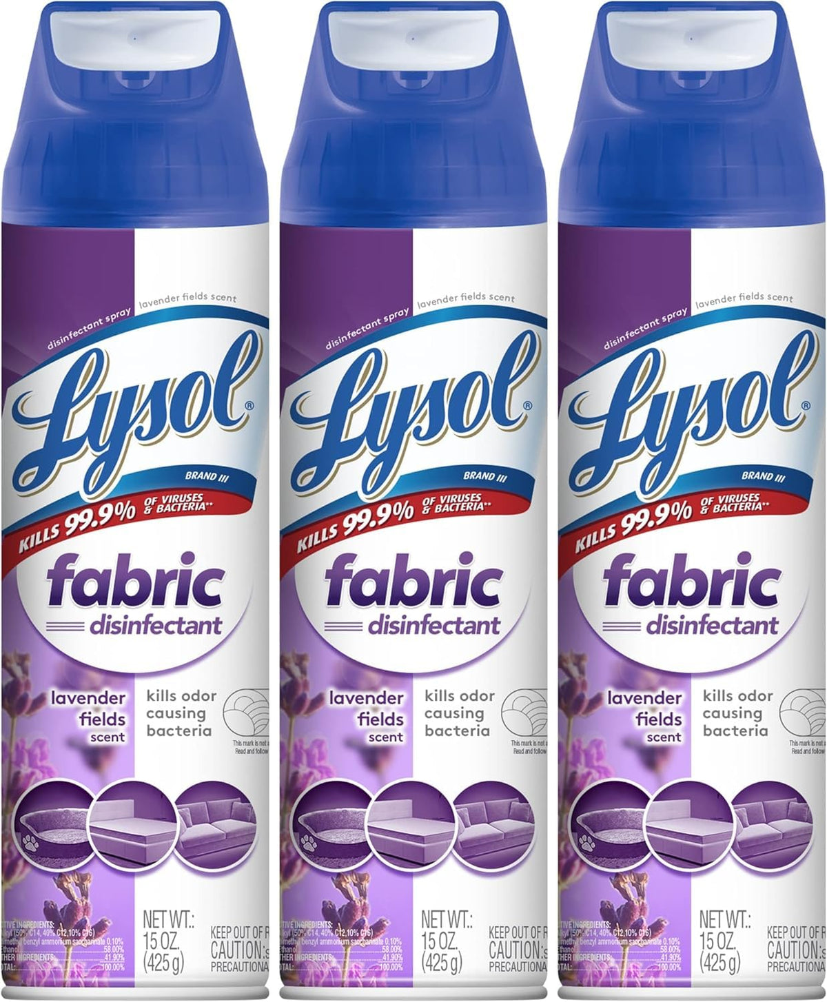 Lysol Fabric Disinfectant Spray lavender-fields-bottle delivers a fresh scent on fabrics.