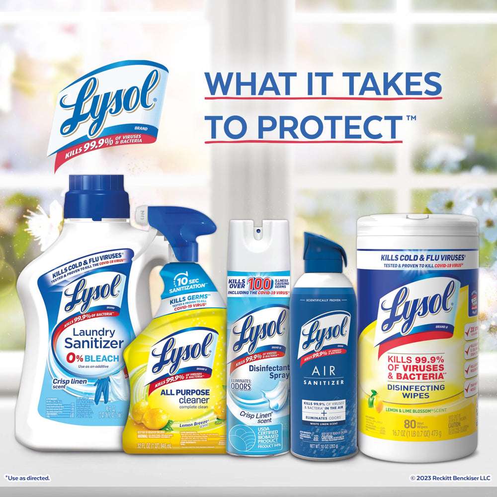 Lysol Fabric Disinfectant Spray linen-closet image suggests storage odor control.