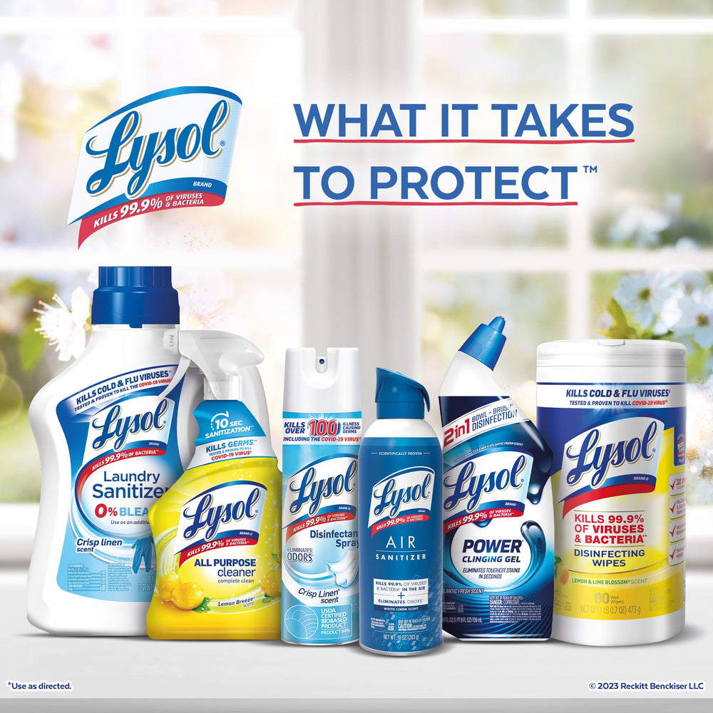 Lysol Fabric Disinfectant Spray packaging shows a 3-pack for home use.