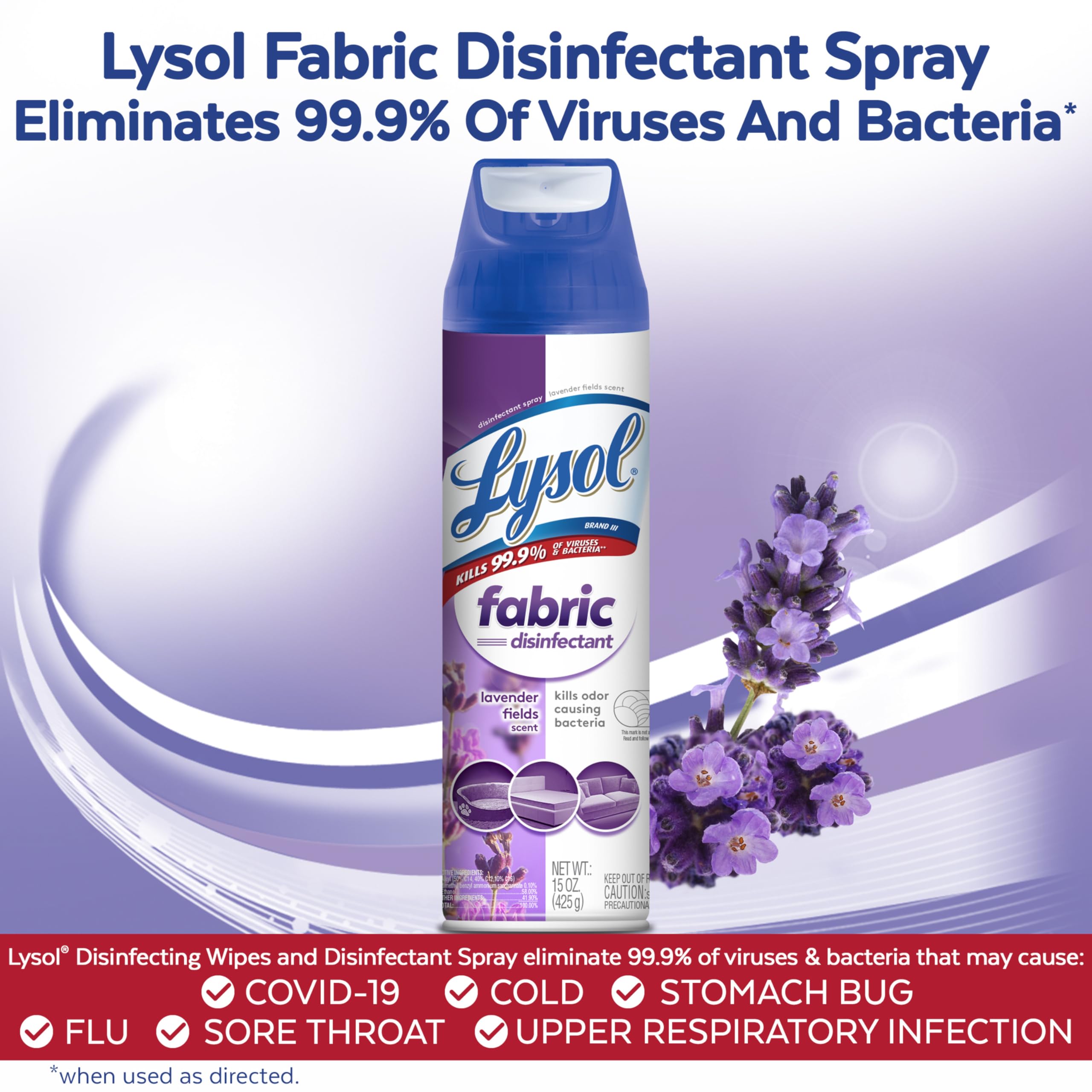 Lysol Fabric Disinfectant Spray sofa-couch focus highlights deodorizing fabrics after use.