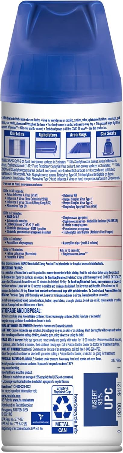 Lysol Fabric Disinfectant Spray soft-furnishings-area-rug image demonstrates odor-eliminating treatment.