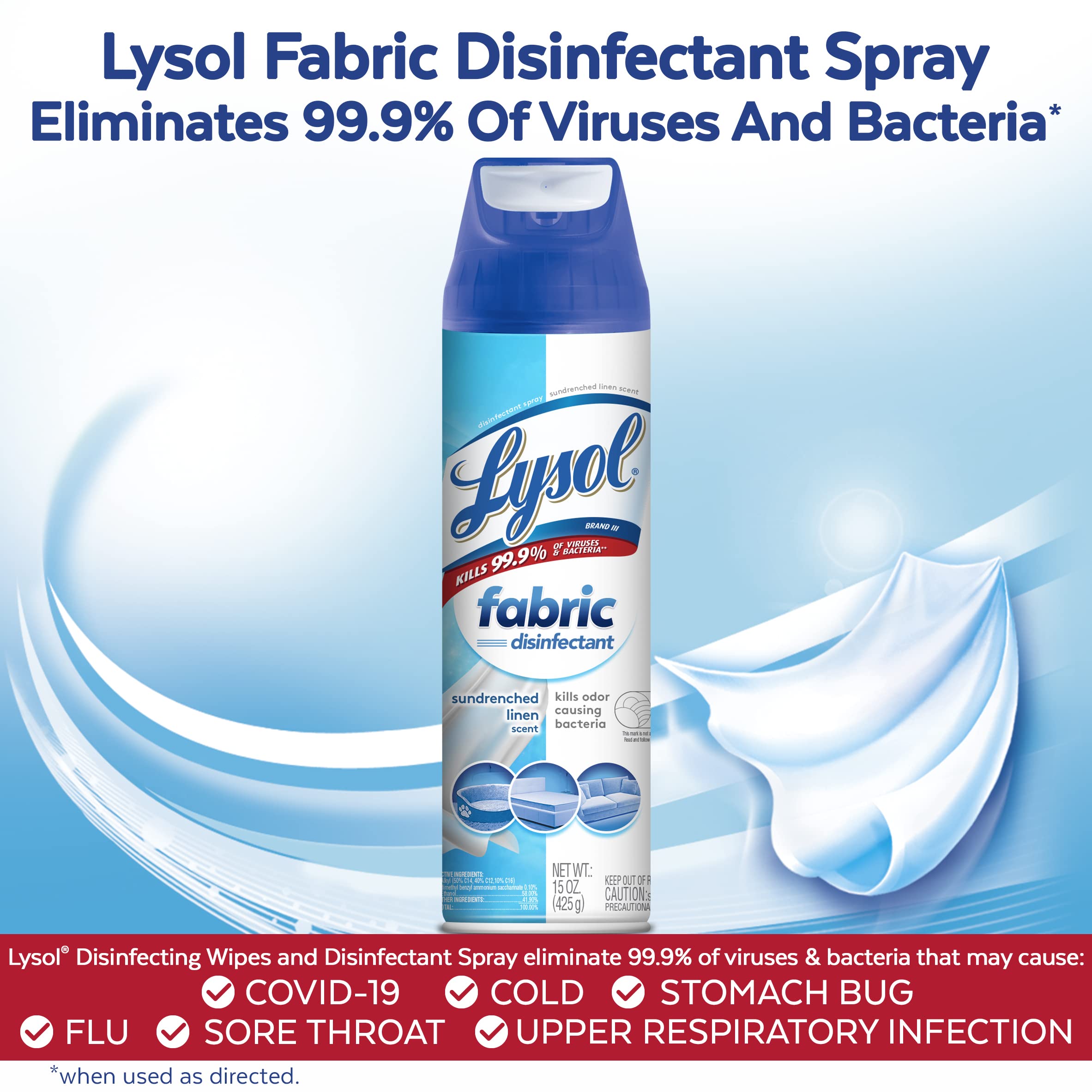Lysol Fabric Disinfectant Spray used on upholstery and couches for freshness.