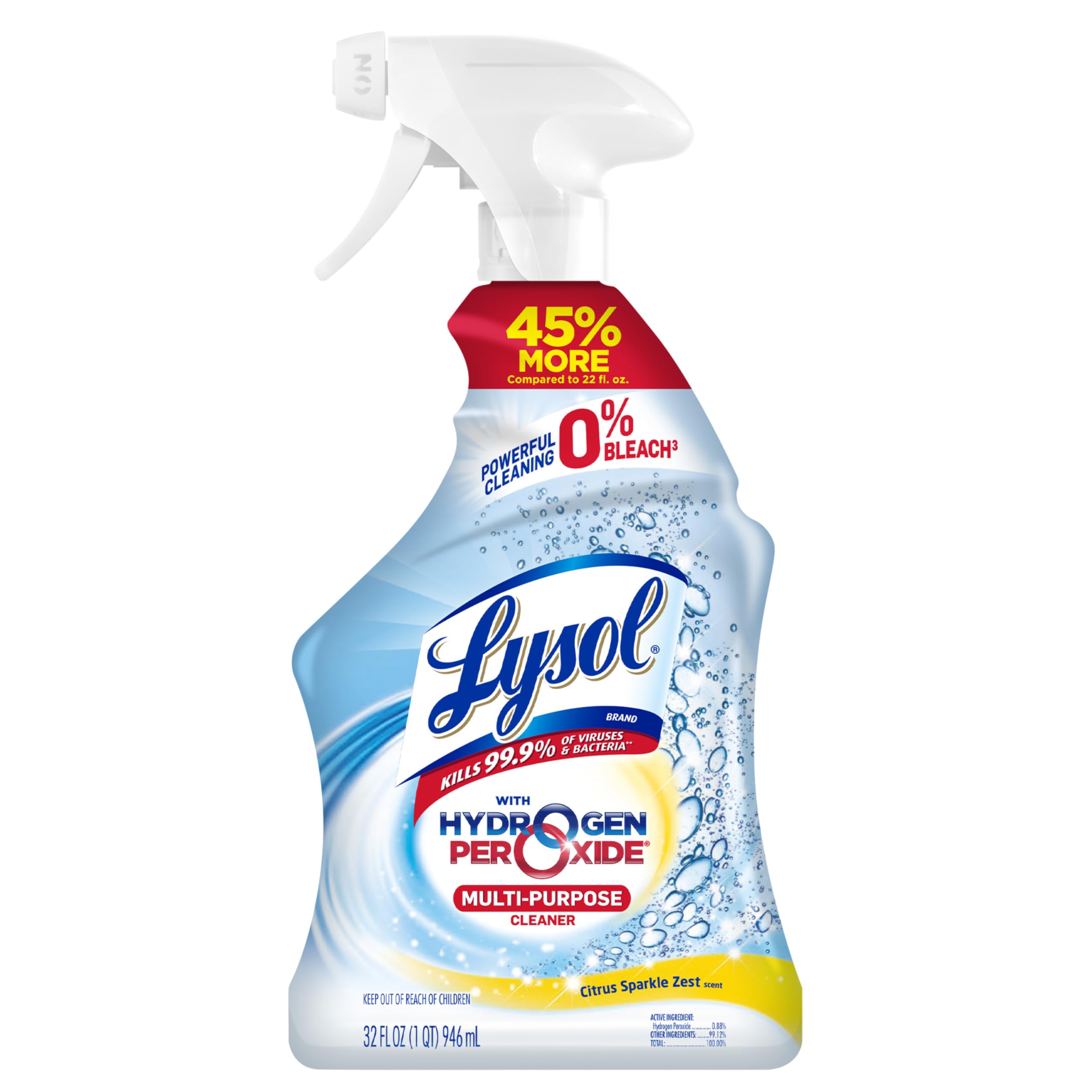 Lysol Hydrogen Peroxide citrus cleaner bottle showing powerful, bleach-free cleaning.