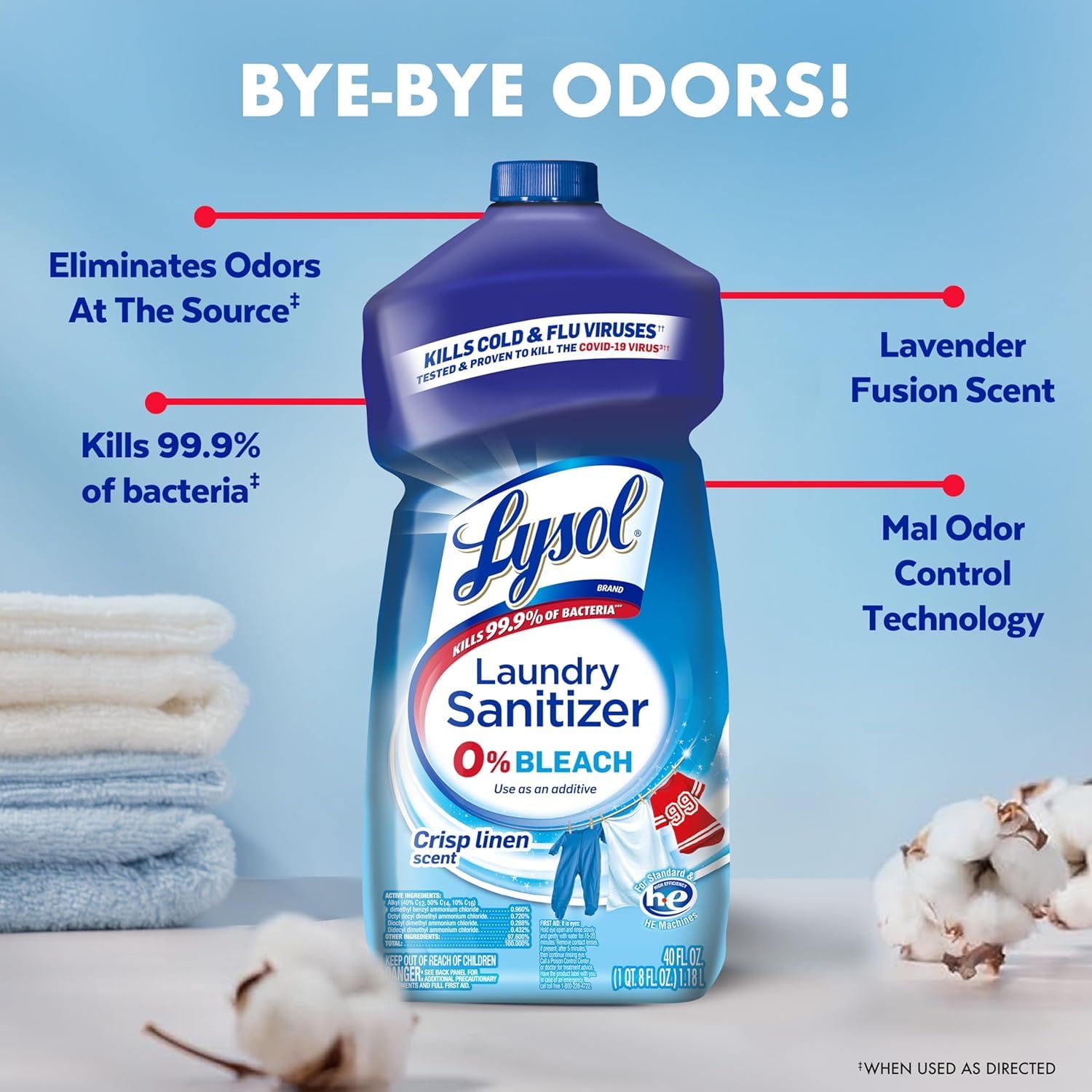 Lysol Laundry Sanitizer bottle front with Crisp Linen scent on label.