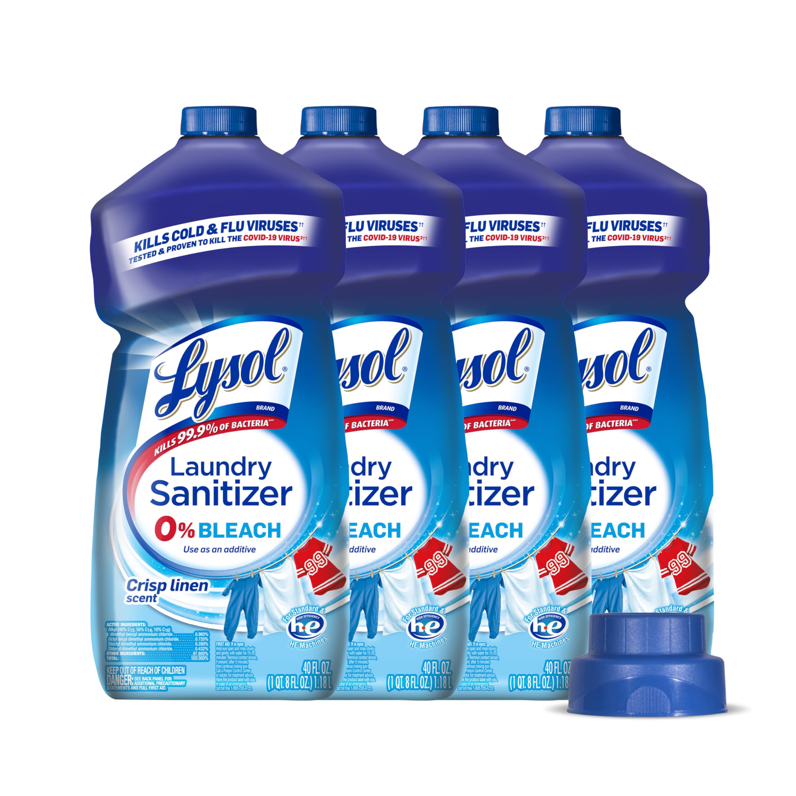 Lysol Laundry Sanitizer bottle pouring to sanitize clothes and deodorize.