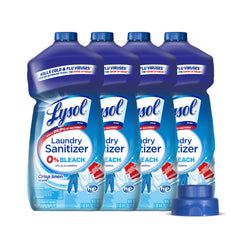 Lysol Laundry Sanitizer bottle pouring to sanitize clothes and deodorize.