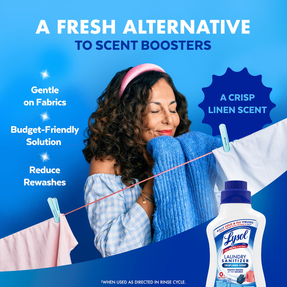 Lysol Laundry Sanitizer bottle close-up shows bleach-free, color-safe formula.