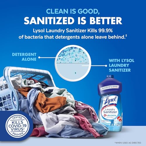 Lysol Laundry Sanitizer packaging beside freshly laundered clothes with freshness.