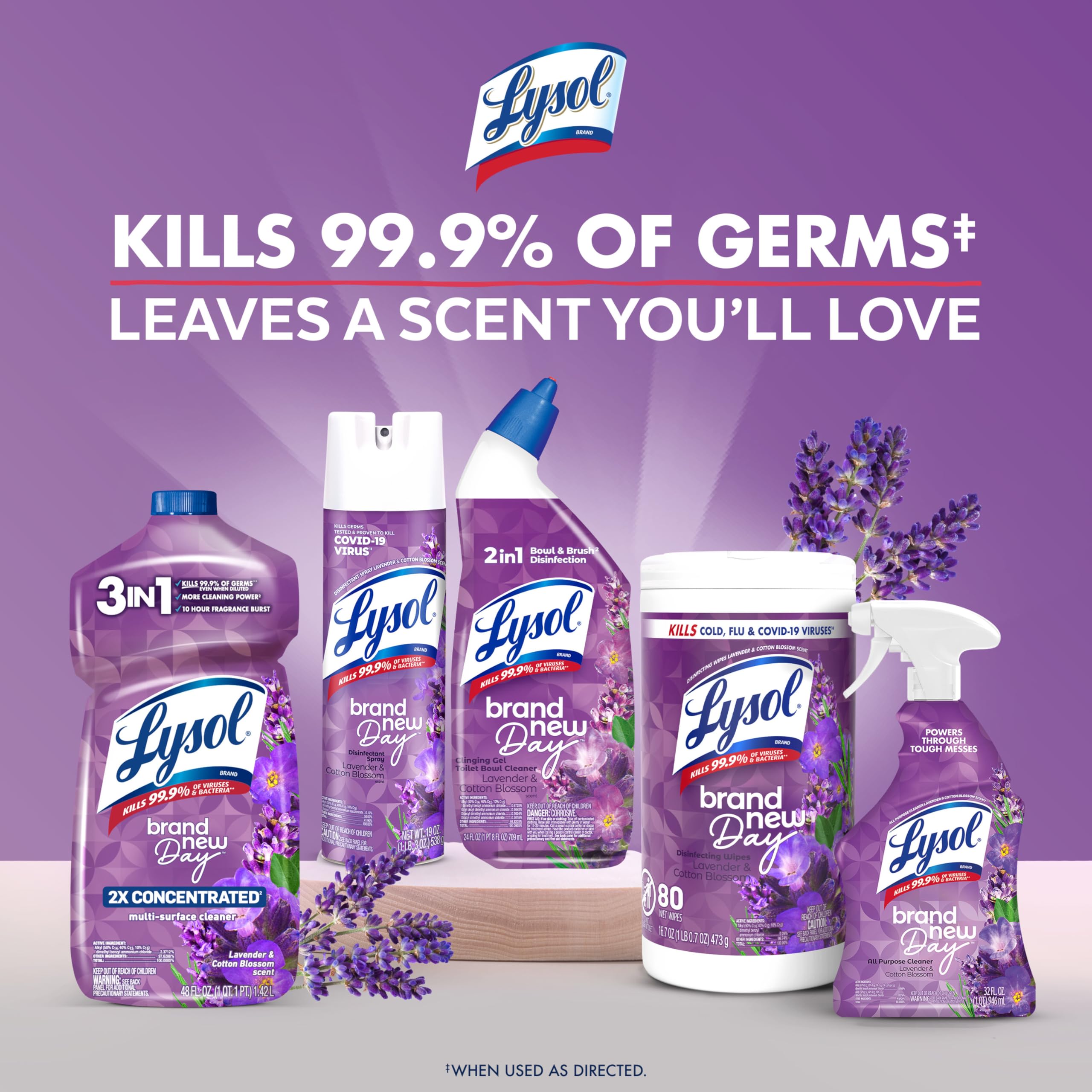 Lysol Lavender and Cotton Blossom scent freshens your bathroom.