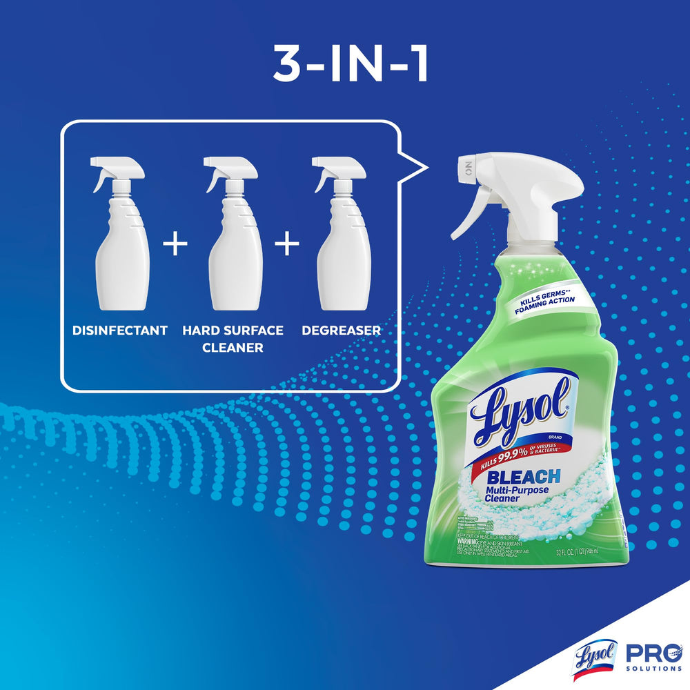 Lysol bleach cleaner bottle front on countertop ready for disinfecting tasks.