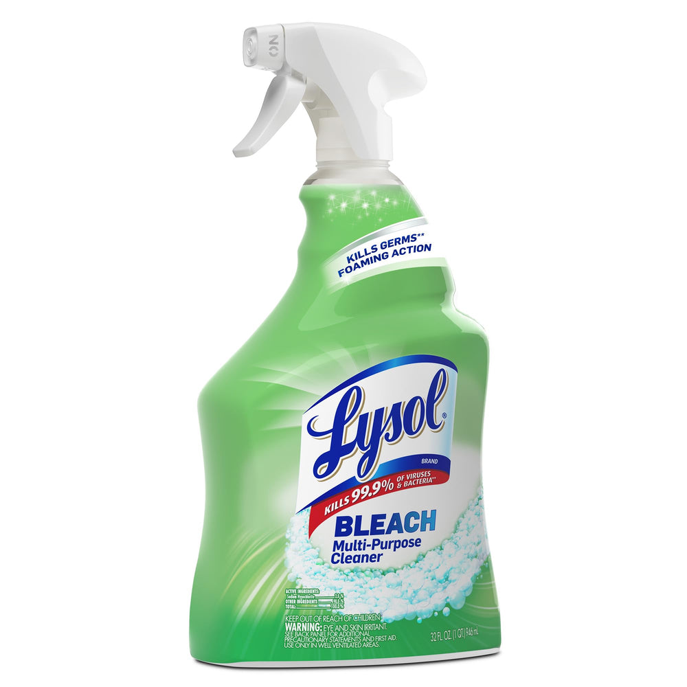 Lysol bleach spray action close-up demonstrates fast cleaning on kitchen surfaces.