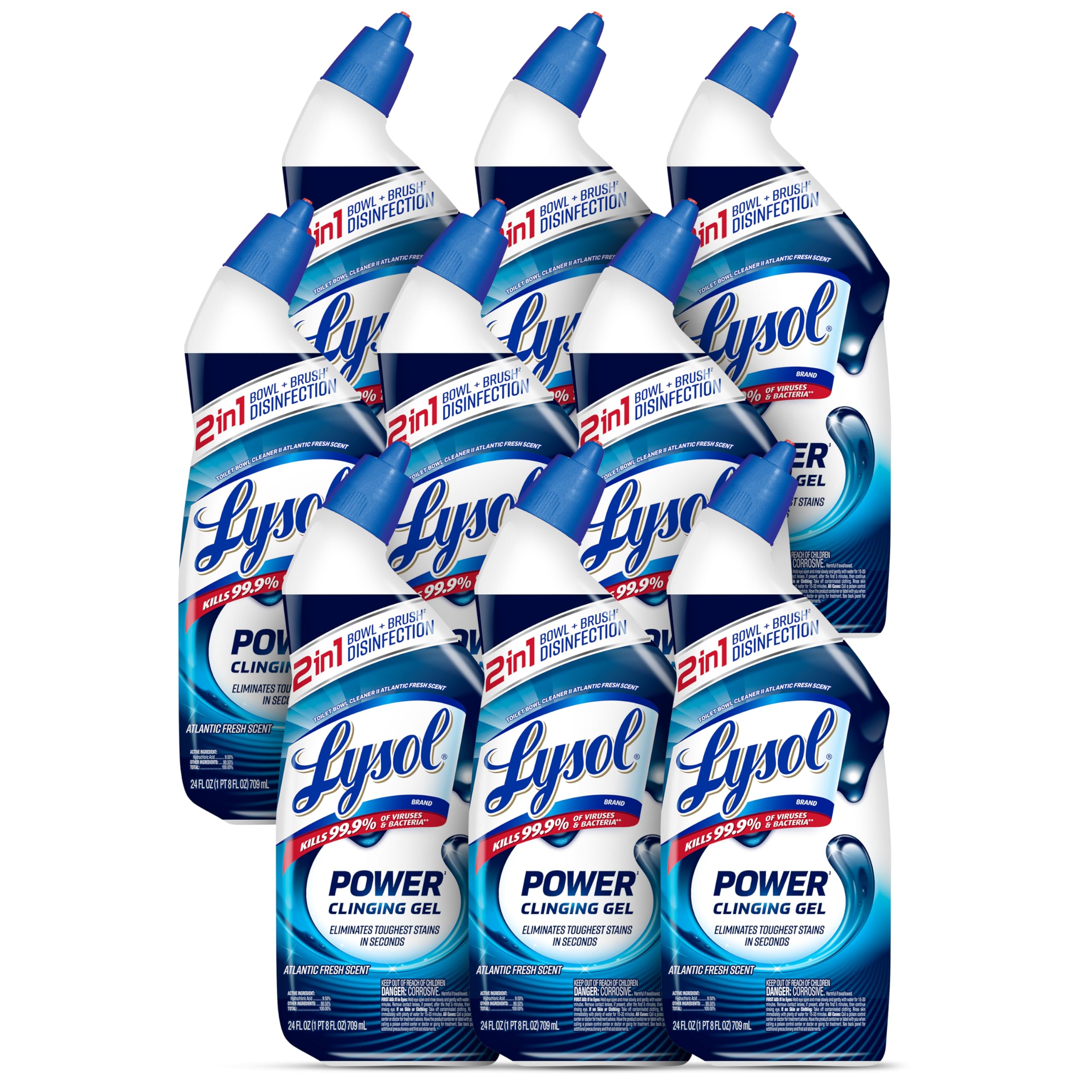 Lysol Toilet Bowl Cleaner clinging gel bottle targets tough stains for deep cleaning.