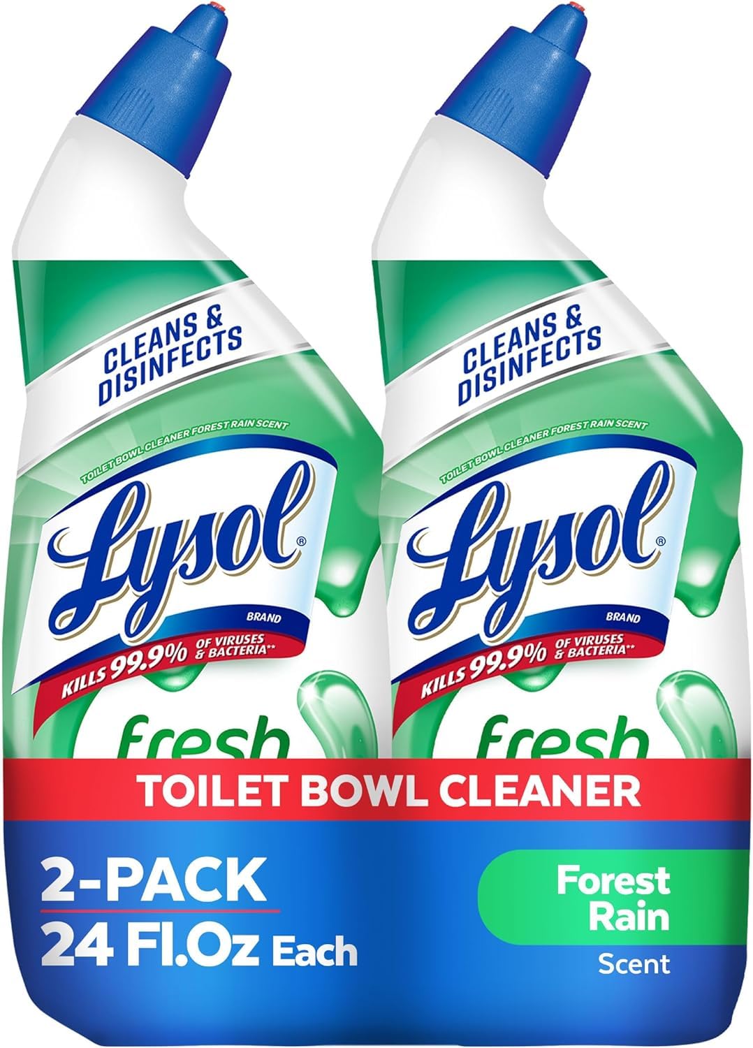 Lysol Toilet Bowl Cleaner Gel Forest Rain twin-pack front view shows disinfection and fragrance