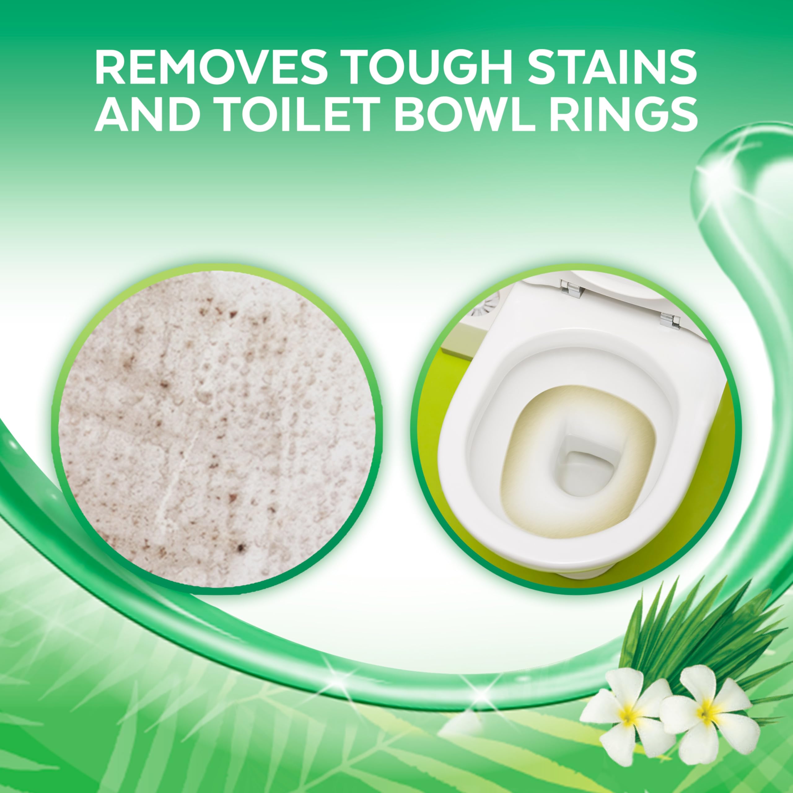 Lysol Forest Rain gel reaching under the toilet rim for thorough coverage