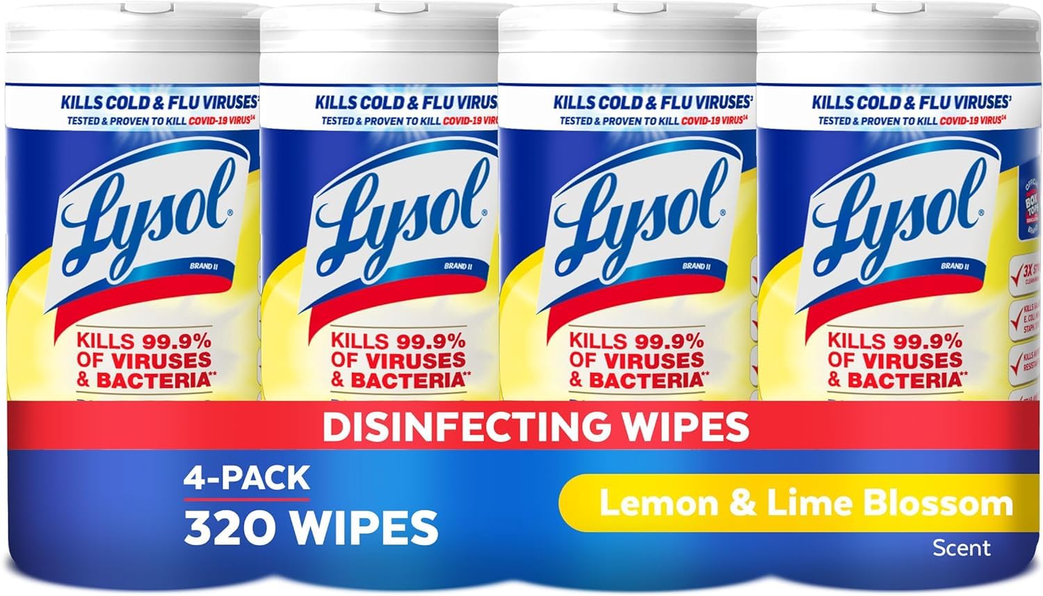 Lysol Disinfectant Wipes multi-surface pack four for quick disinfection on kitchens and bathrooms.
