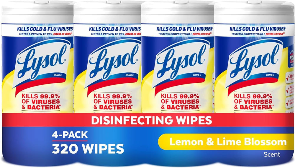 Lysol Disinfectant Wipes multi-surface pack four for quick disinfection on kitchens and bathrooms.