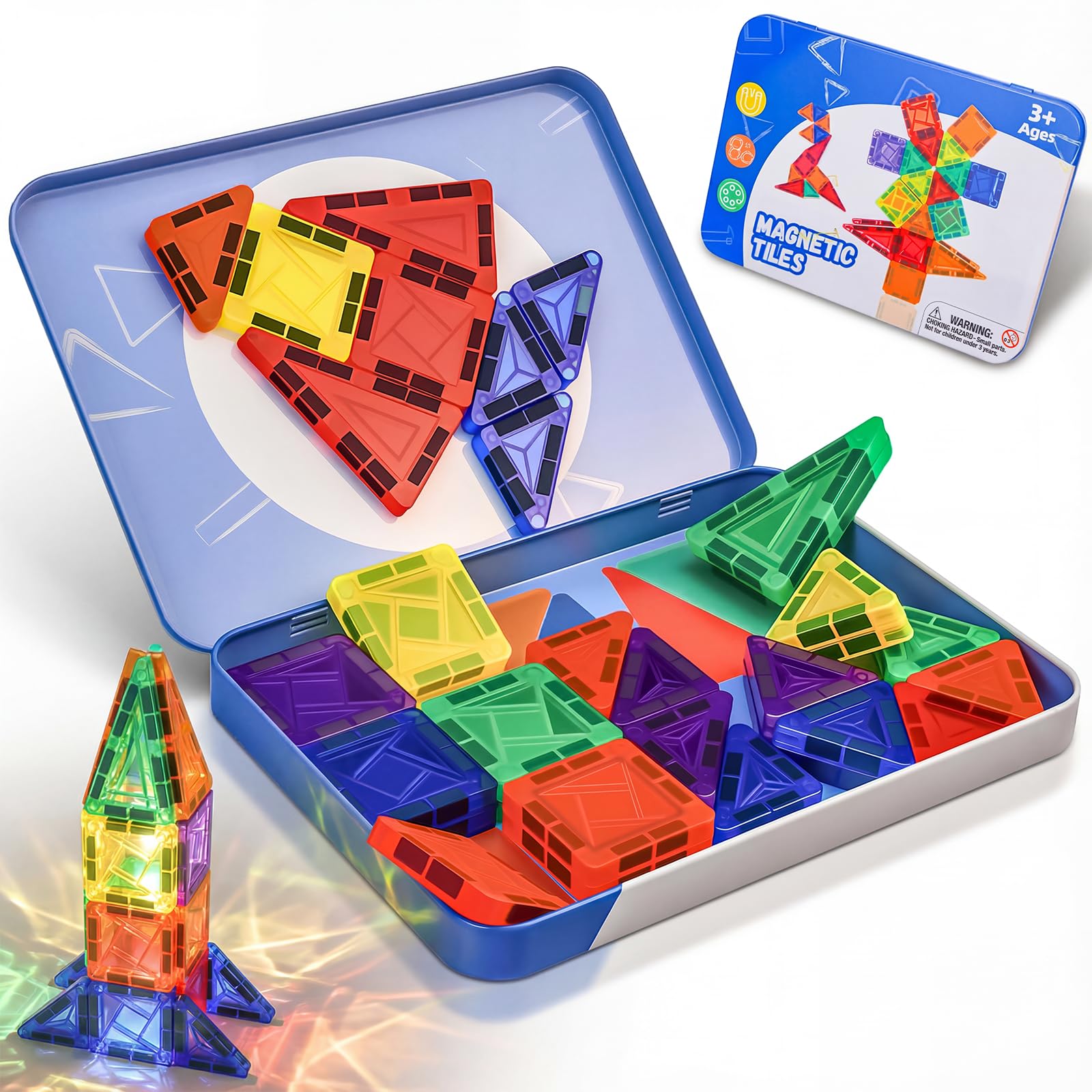Lyzaoc Mini Magnetic Tiles in a metal storage box for travel and organized playtime.