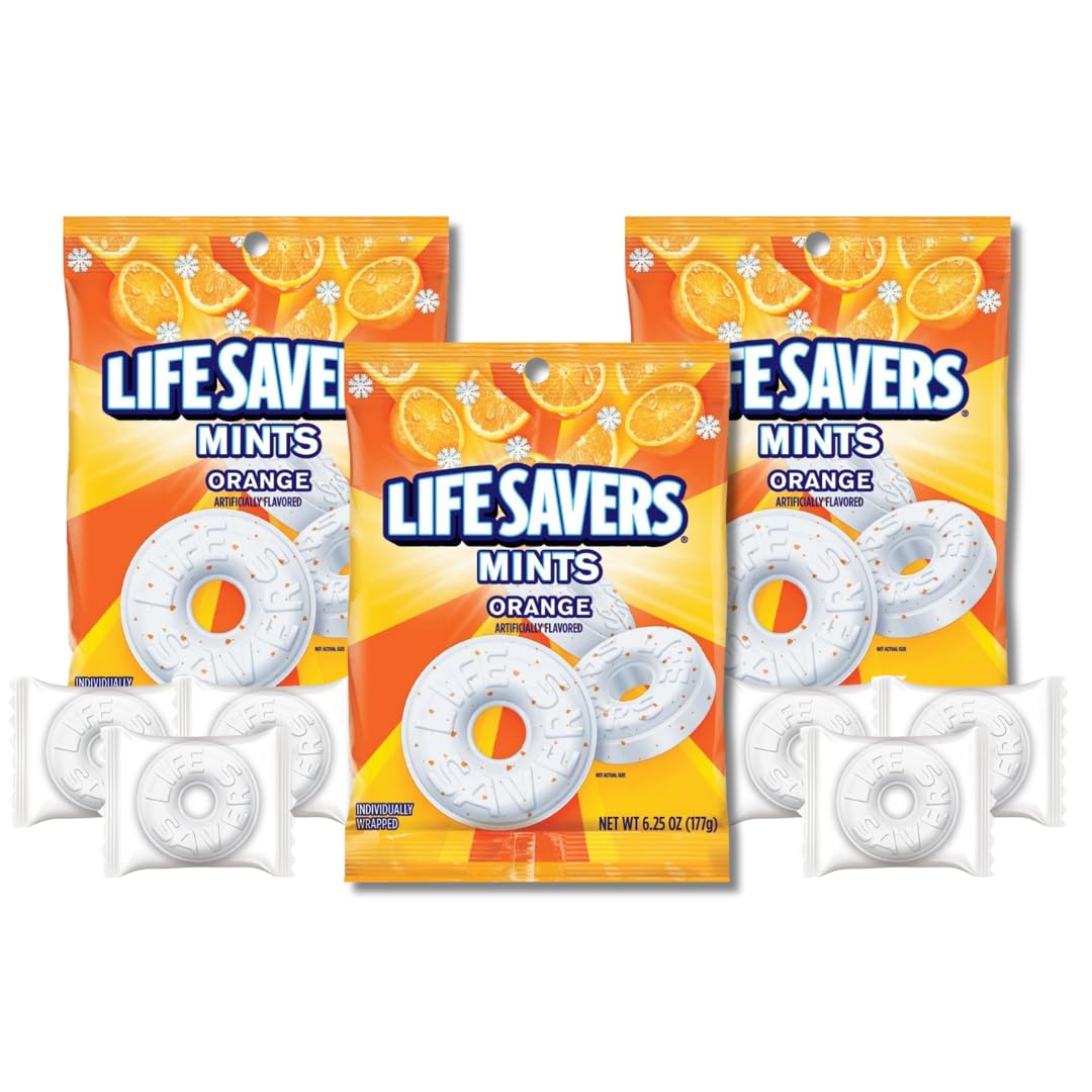 Individually wrapped LifeSavers Orange Mint candies preserve freshness for easy enjoyment anywhere.
