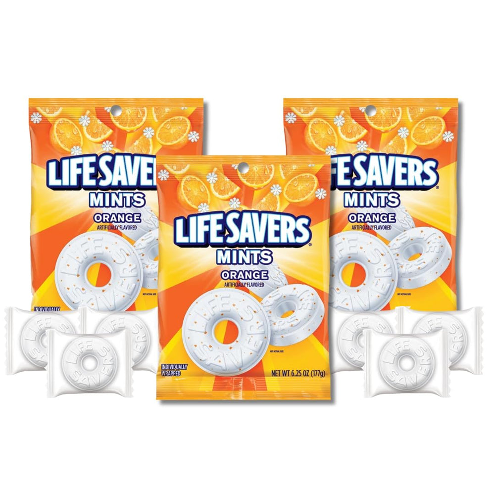 Individually wrapped LifeSavers Orange Mint candies preserve freshness for easy enjoyment anywhere.