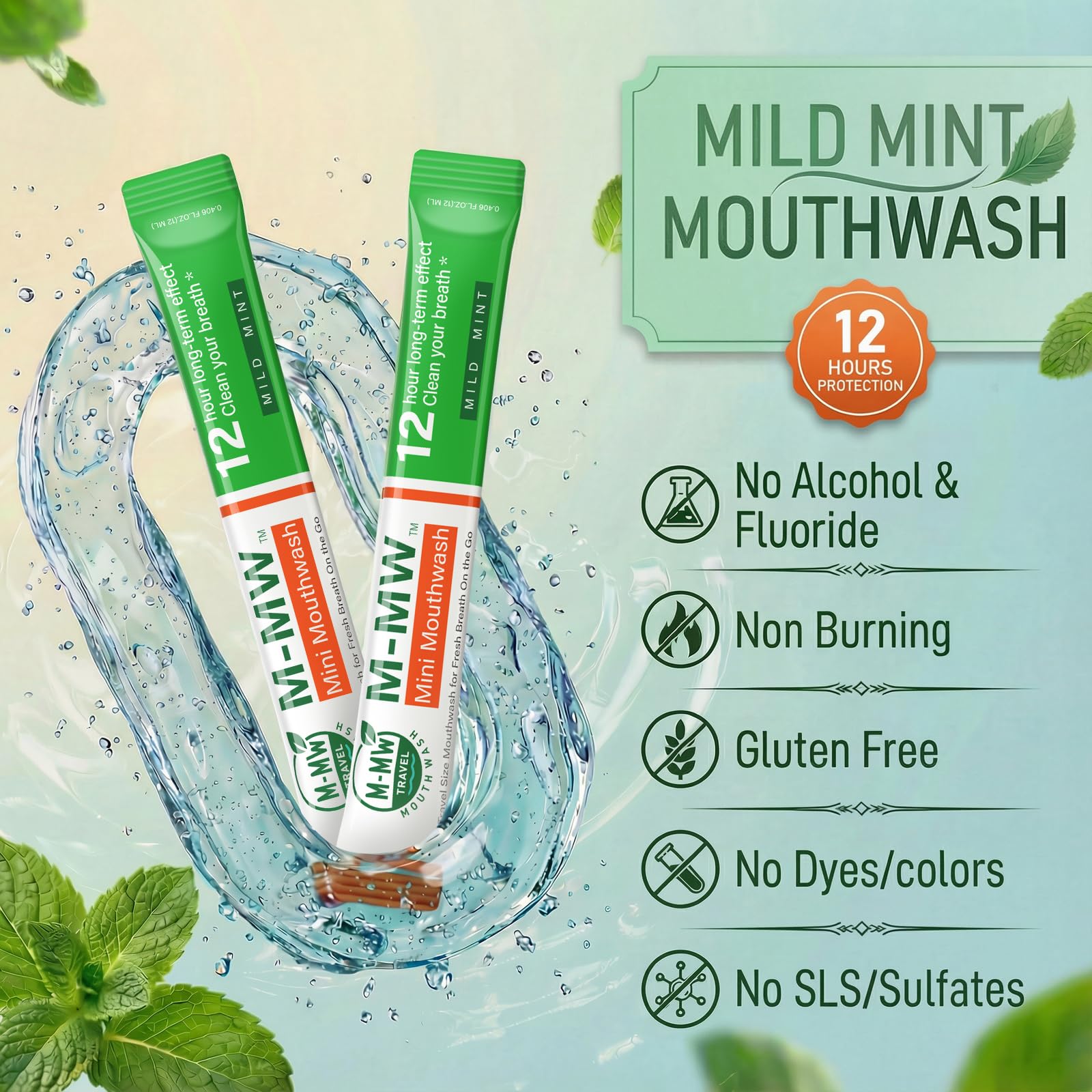 M-MW alcohol-free mouthwash packet demonstrates a gentle formula for sensitive mouths.