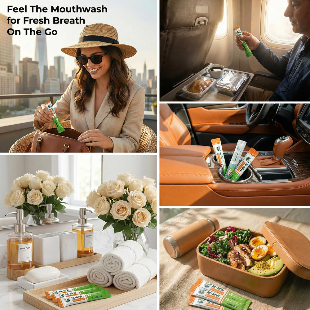 M-MW on-the-go ritual image shows rinse, swish, and refresh without water.