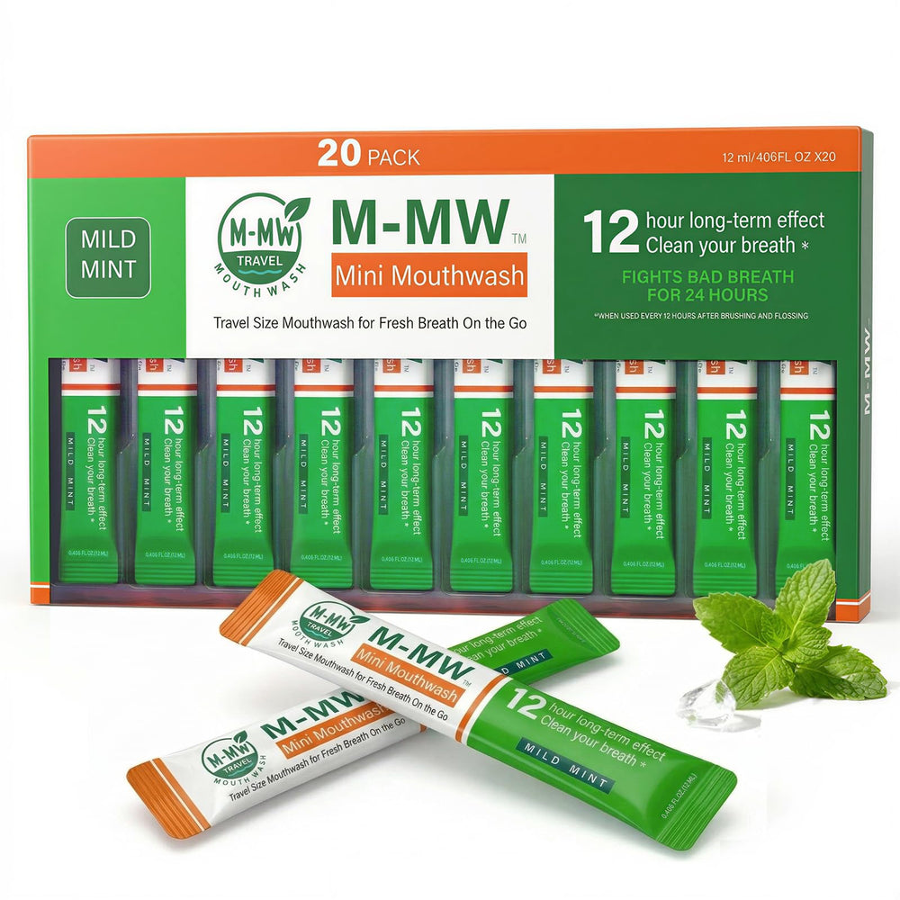 M-MW travel size mouthwash packets shown in compact packaging for easy carry-on freshness.