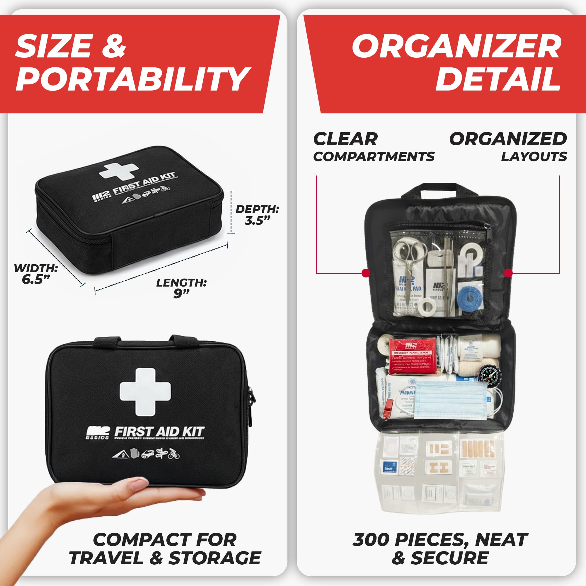 M2 BASICS Premium first aid kit in car for on-the-go readiness