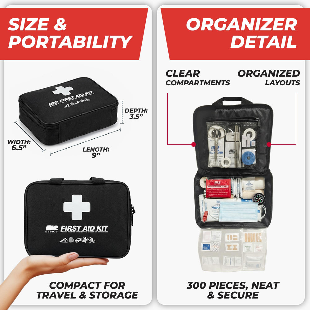 M2 BASICS Premium first aid kit in car for on-the-go readiness