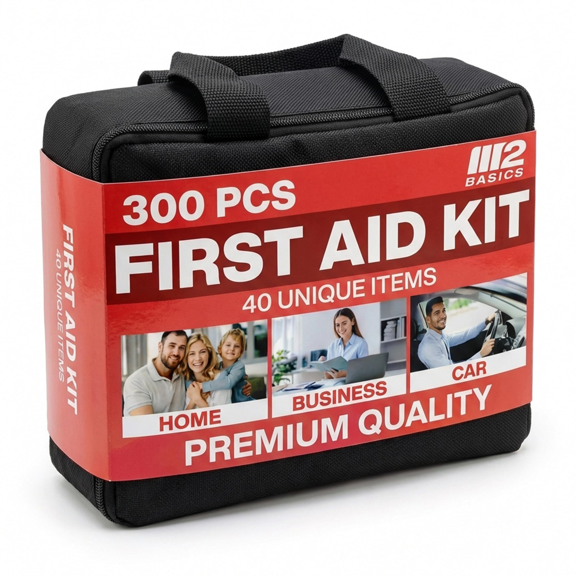 M2 BASICS Premium first aid kit in a durable carry bag for home and travel
