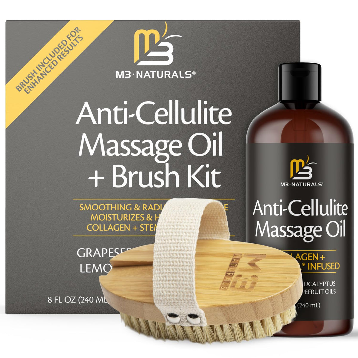 M3 Naturals anti-cellulite oil bottle with pump for easy massage.
