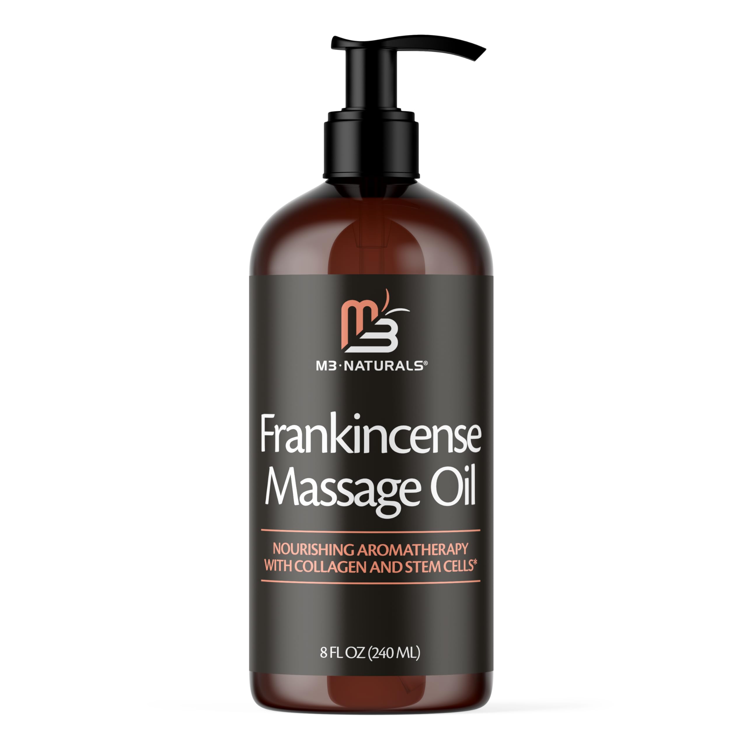 M3 Naturals Frankincense massage oil bottle for smooth application.