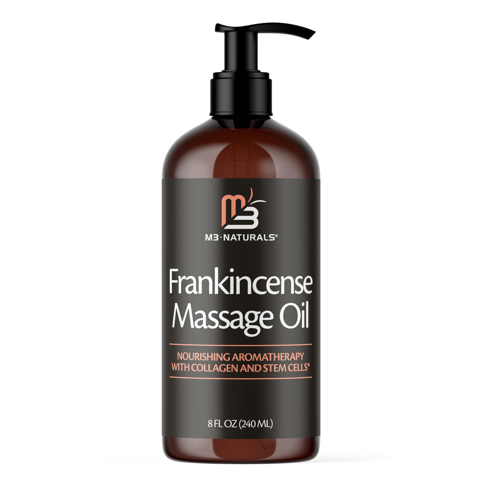 M3 Naturals Frankincense massage oil bottle for smooth application.