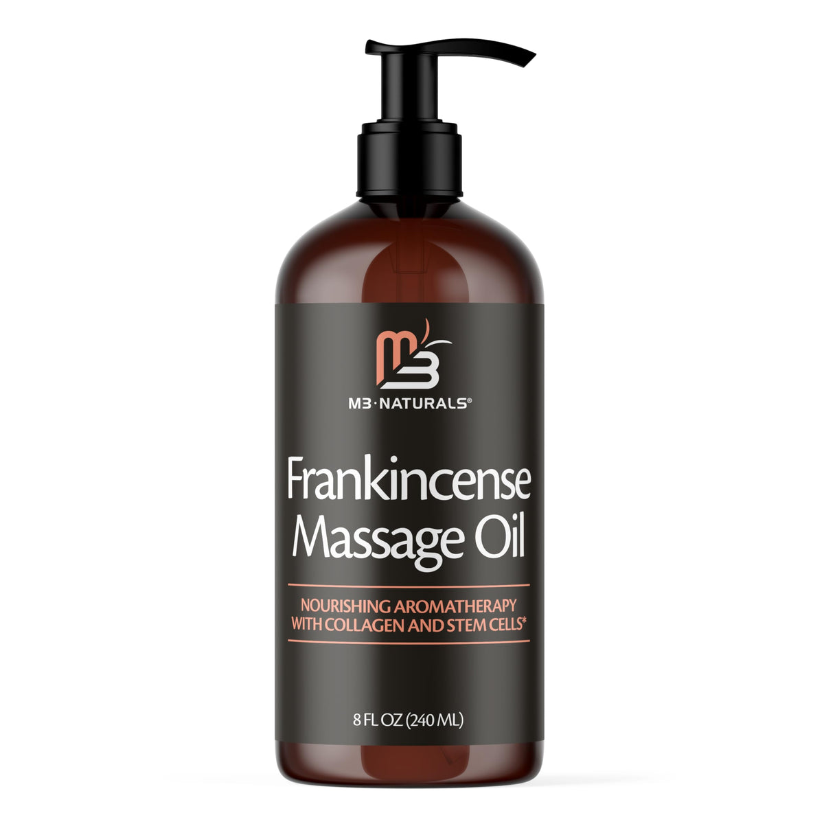M3 Naturals Frankincense massage oil bottle for smooth application.