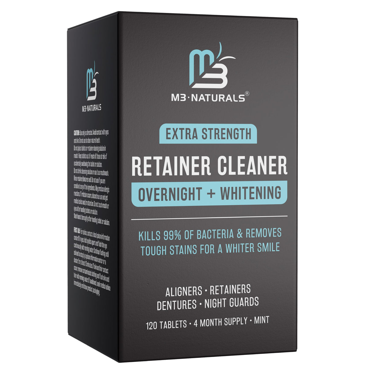 M3 Naturals Overnight Whitening Cleaner bottle with tablets for retainers.