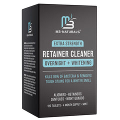 M3 Naturals Overnight Whitening Cleaner bottle with tablets for retainers.