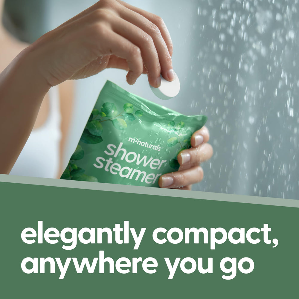 Spa-like shower routine with M3 Naturals eucalyptus steamers.