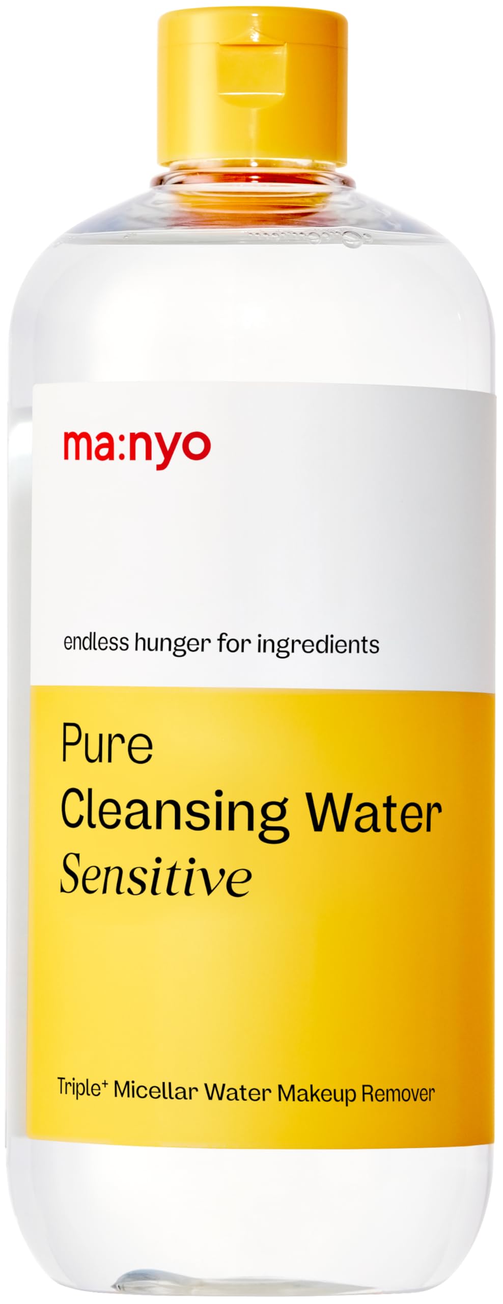 Ma:nyo Pure Cleansing Water bottle close-up shows gentle micellar action for sensitive skin.