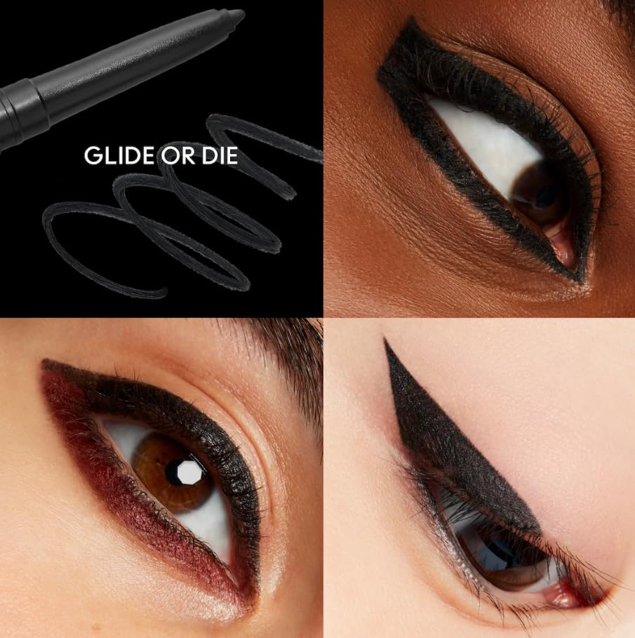 MAC Colour Excess Gel Pencil Eye Liner Glide Or Die carbon black applied swatch demonstrates waterproof, long-lasting color