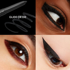 MAC Colour Excess Gel Pencil Eye Liner Glide Or Die carbon black applied swatch demonstrates waterproof, long-lasting color