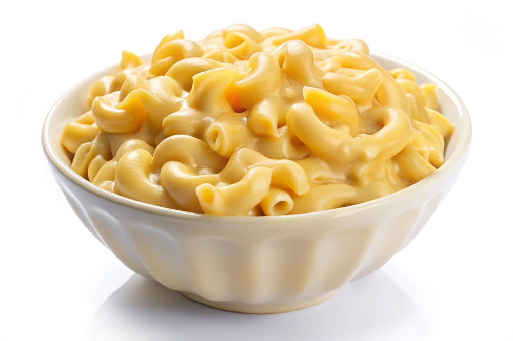 Packaging highlights no artificial colors in Mac Yourself cheddar powder.