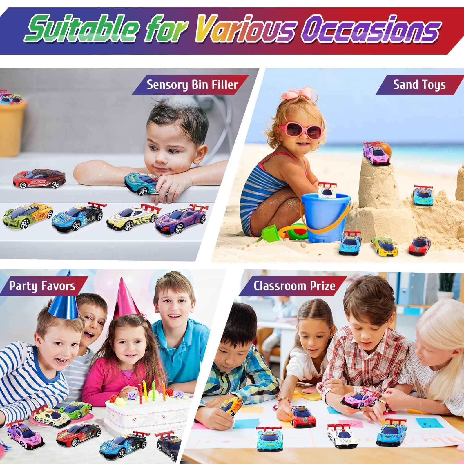 MACALOCA sensory playroom display highlights six cars for race or collectibility.