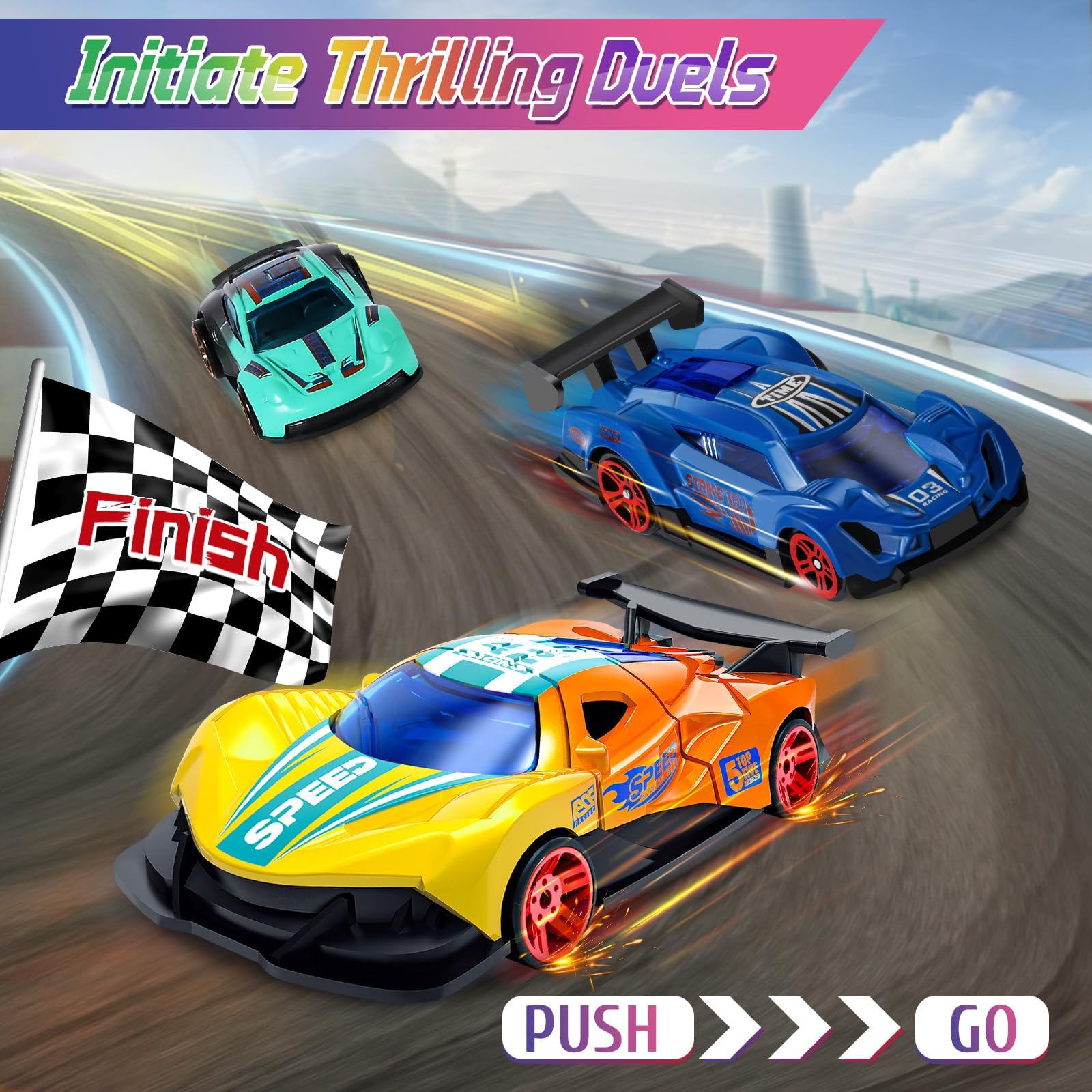 Macaloca track play with six cars encourages interactive racing fun.