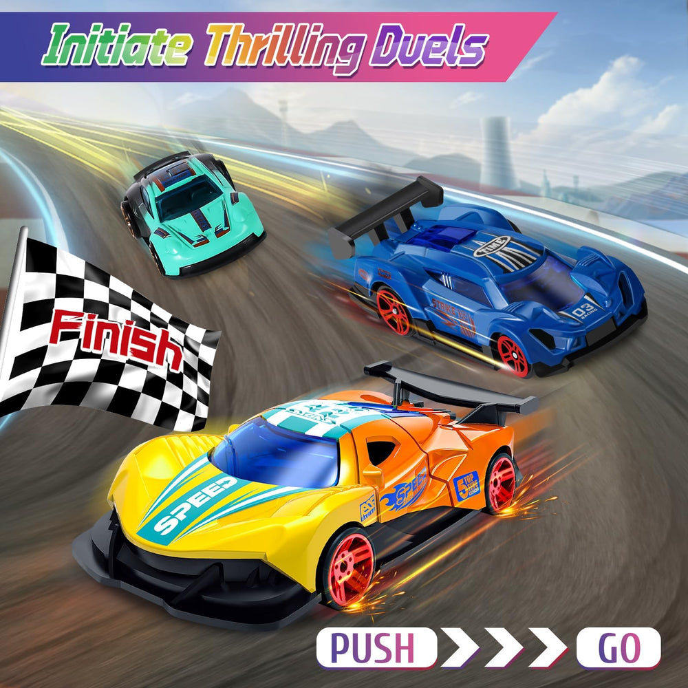 Macaloca track play with six cars encourages interactive racing fun.