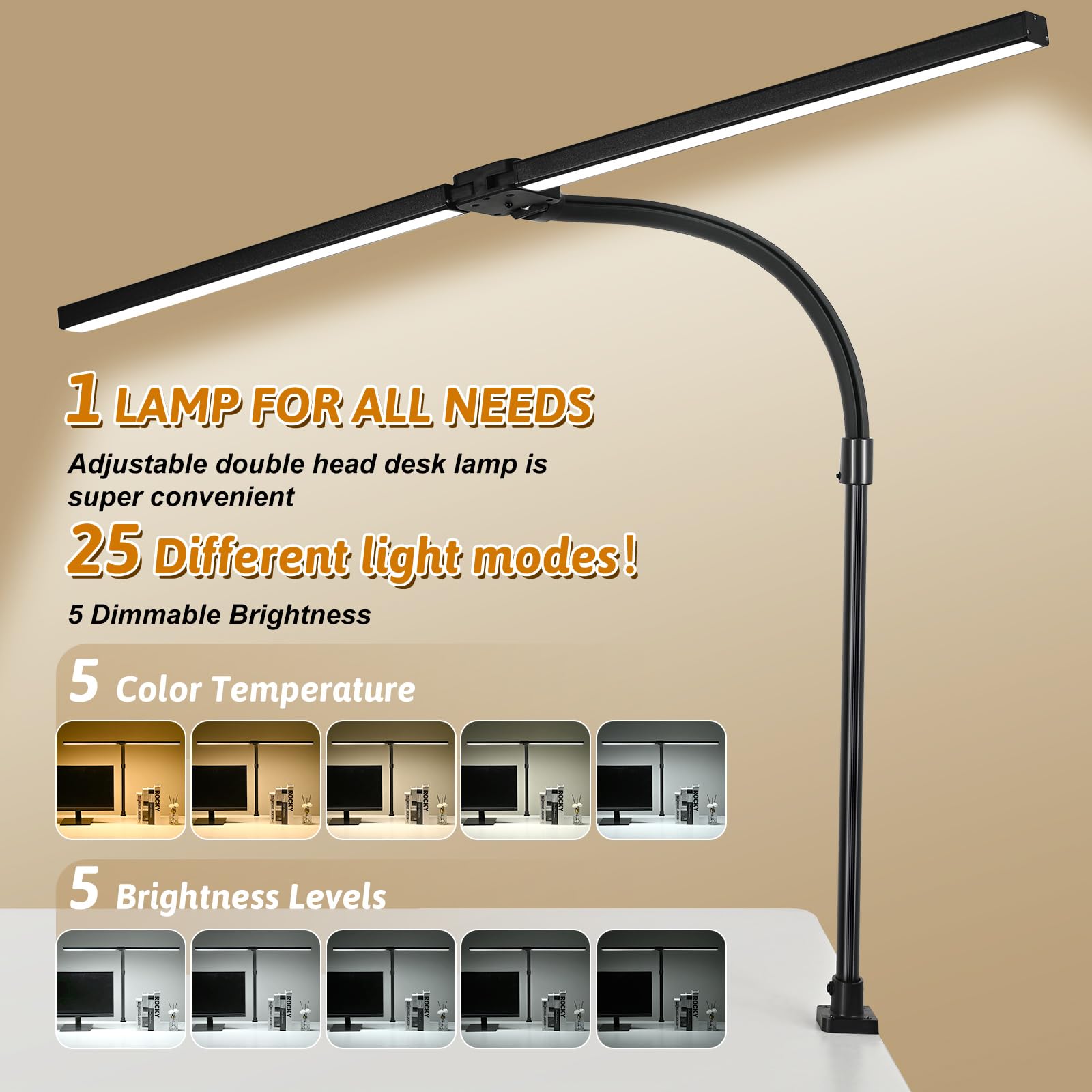 MACASA dual-head LED desk lamp extended to light large workspaces and multiple monitors