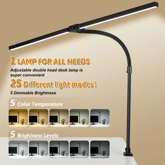 MACASA dual-head LED desk lamp extended to light large workspaces and multiple monitors