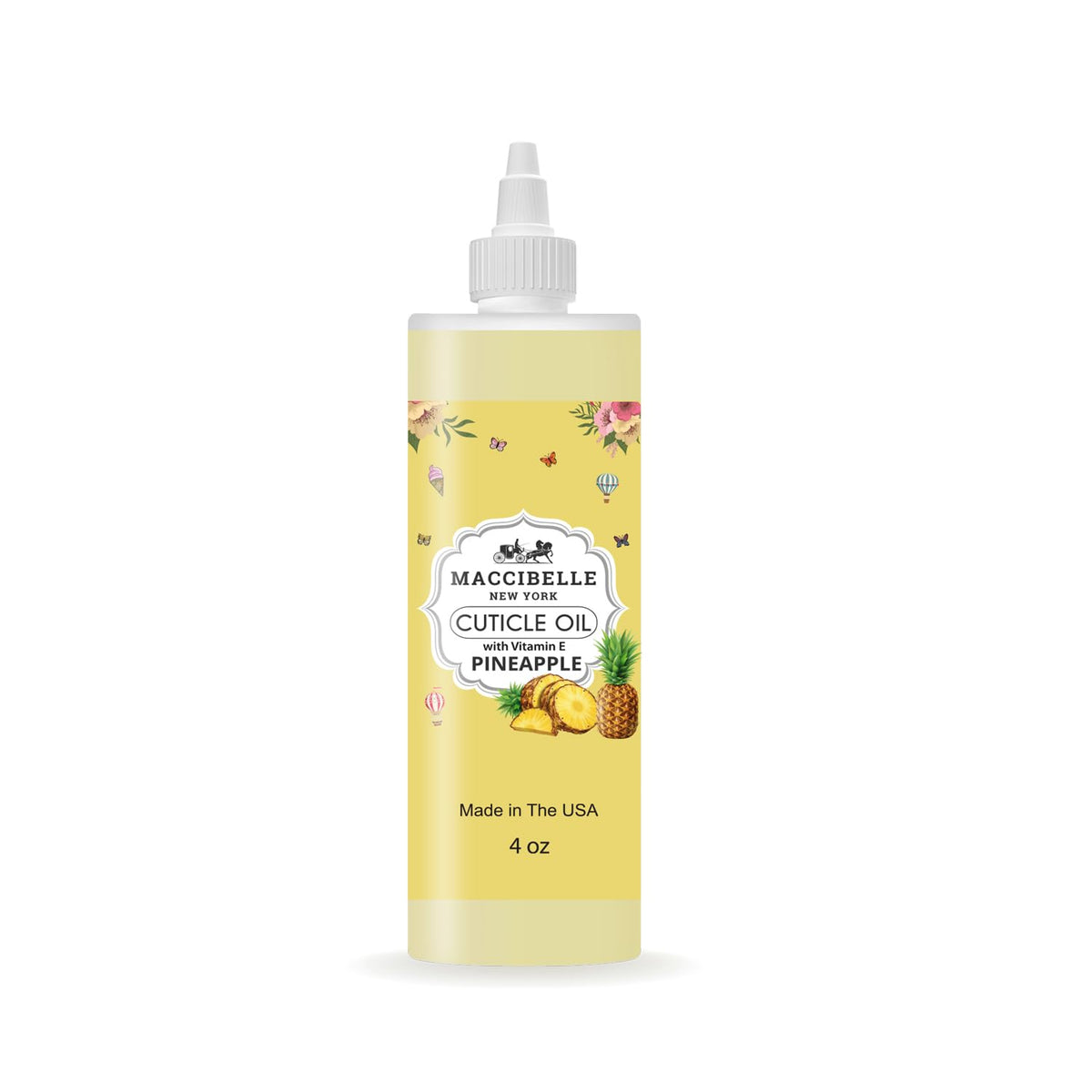 Maccibelle cuticle oil bottle with pineapple scent softens dry cuticles.
