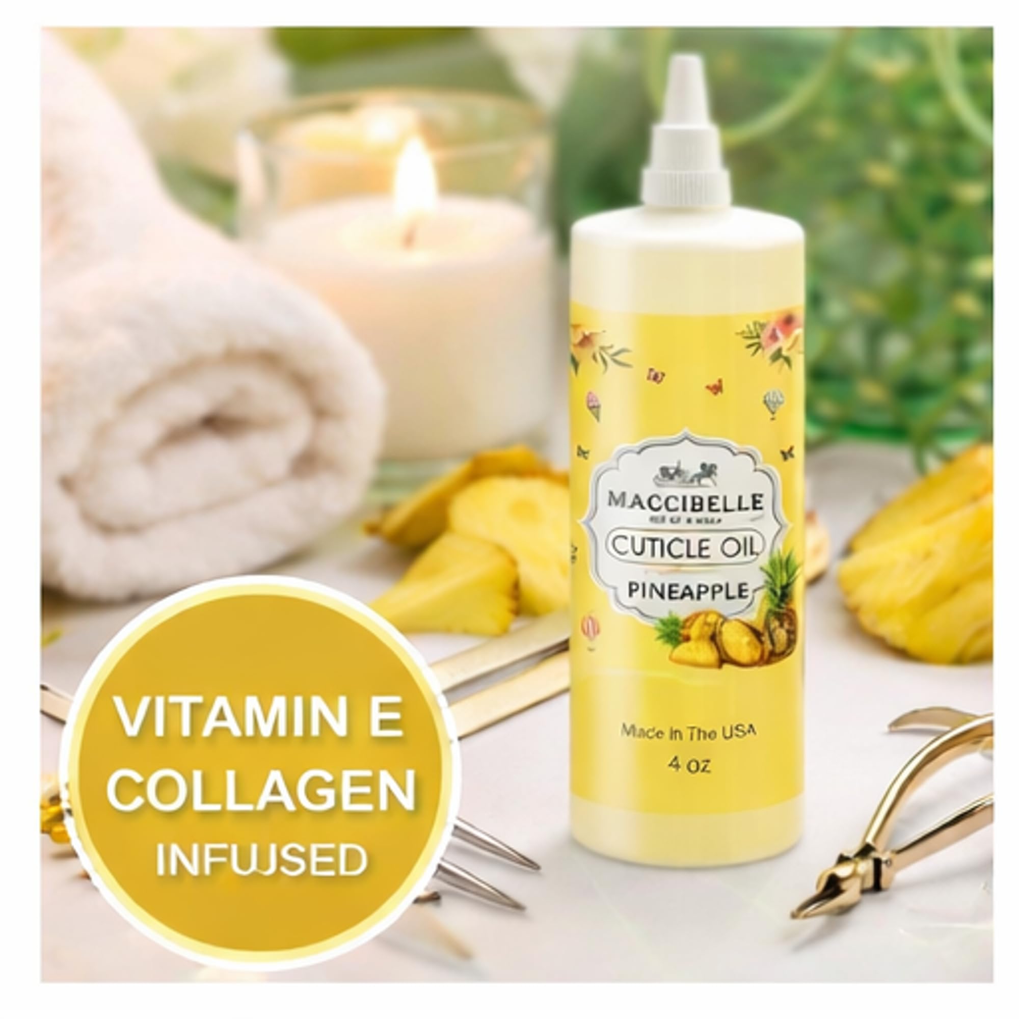 Maccibelle cuticle oil droplets on fingertip signaling hydration.